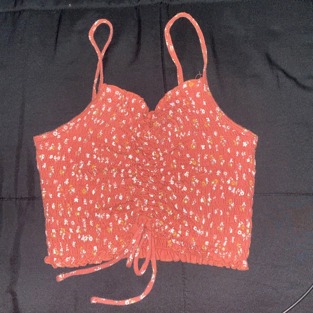 Salmon Pink with white flowers scrunched  crop top tank top
